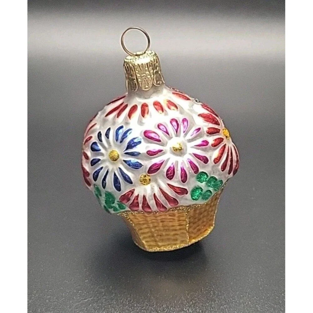 Vintage Czech Republic Blown Glass Flower Basket Christmas Ornament Mini 2.5”
